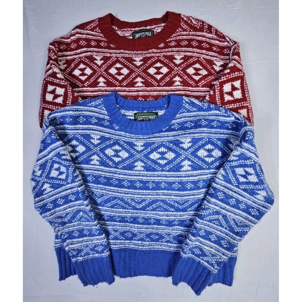 2 x American Eagle Sweater Women's Small Blue Red Fair Isle Snowdrift Nordic AE